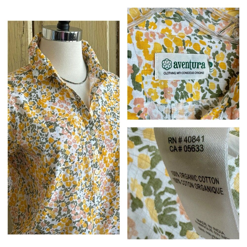 Aventura Women's Devon Popover Top Yellow Floral Organic Cotton Size Small